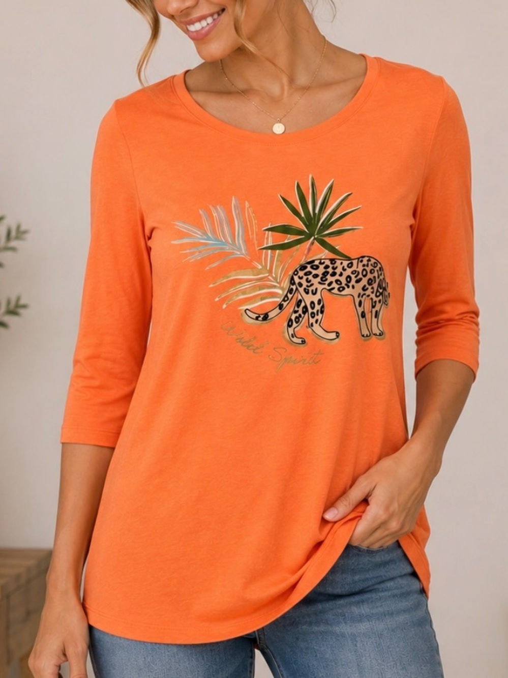 NWT croft & barrow Orange Long-Sleeve Leopard & Palm Graphic Tee